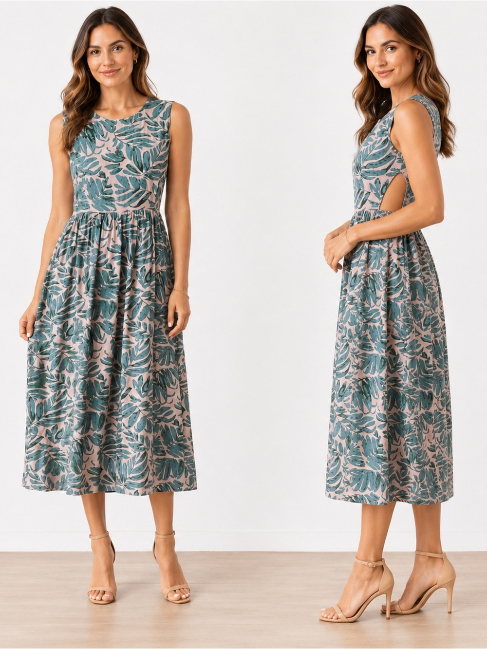 Miou Muse Sleeveless Maxi Dress with Teal Leaf Print